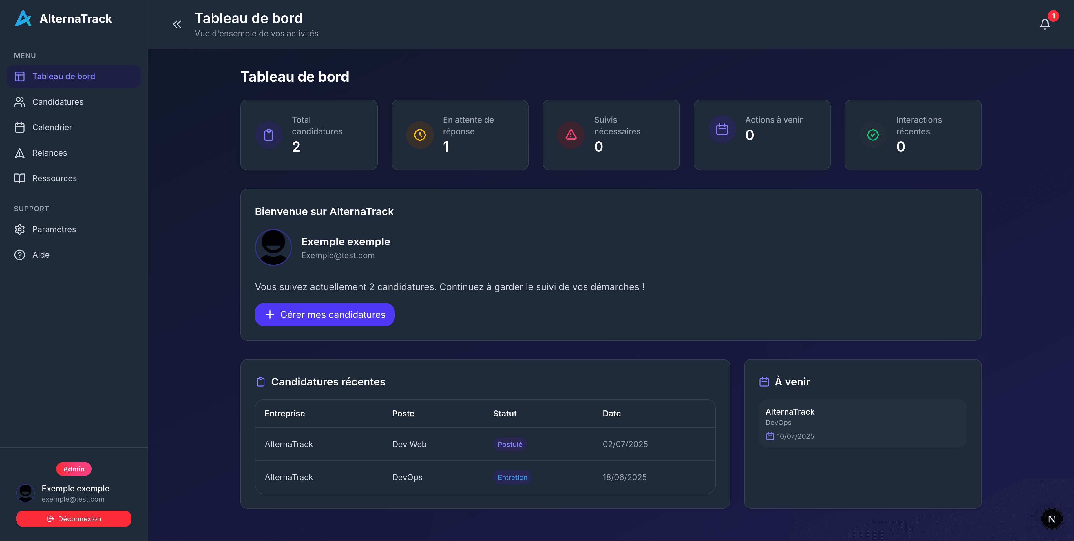 Aperçu de l'application AlternaTrack